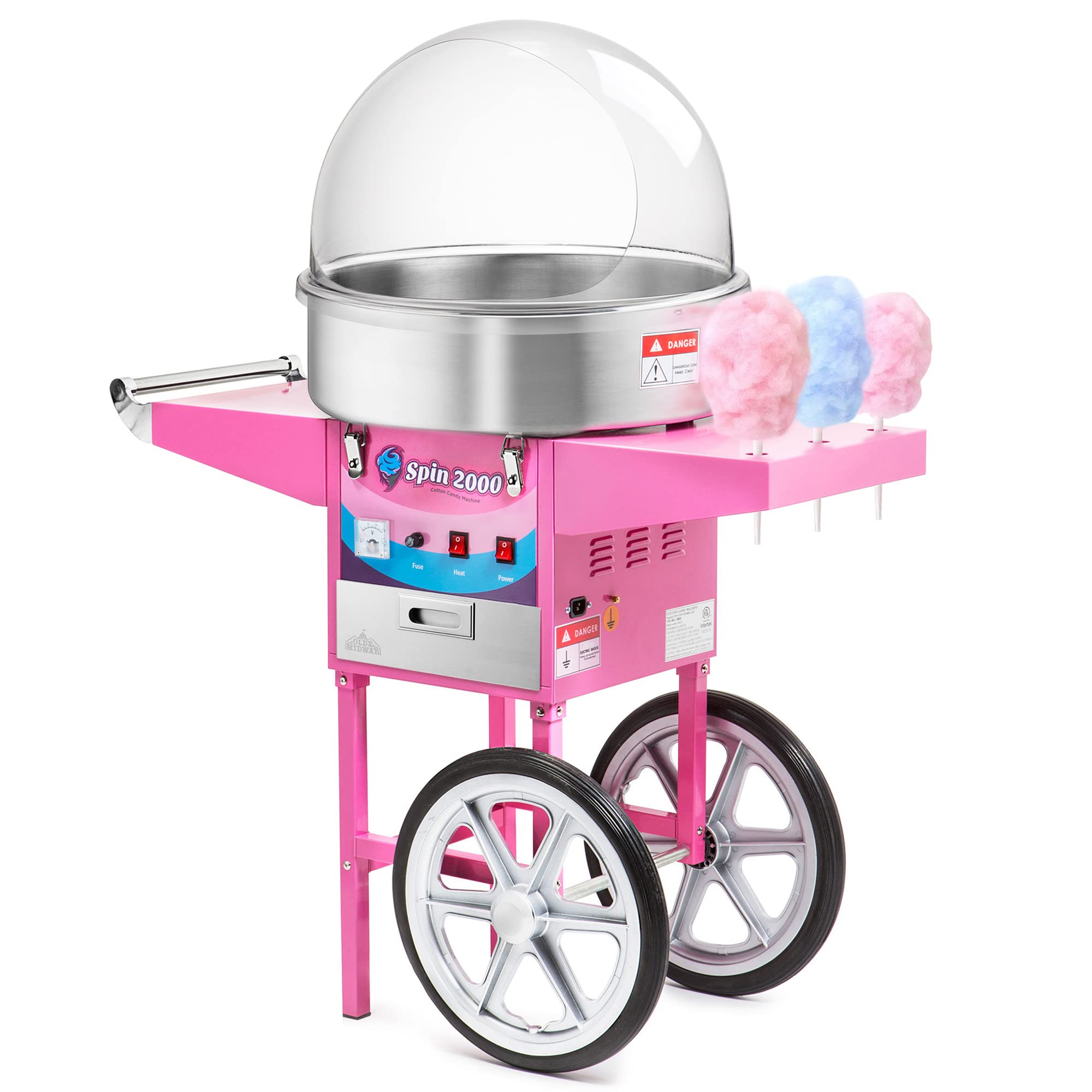 Olde Midway Commercial Quality Cotton Candy Machine Cart with Bubble Shield, SPIN 2000 Electric Candy Floss Maker