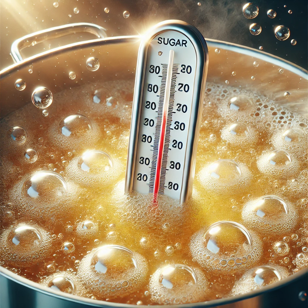 A realistic image of a candy thermometer submerged in boiling sugar. The thermometer is placed vertically in a bubbling pot of light golden sugar